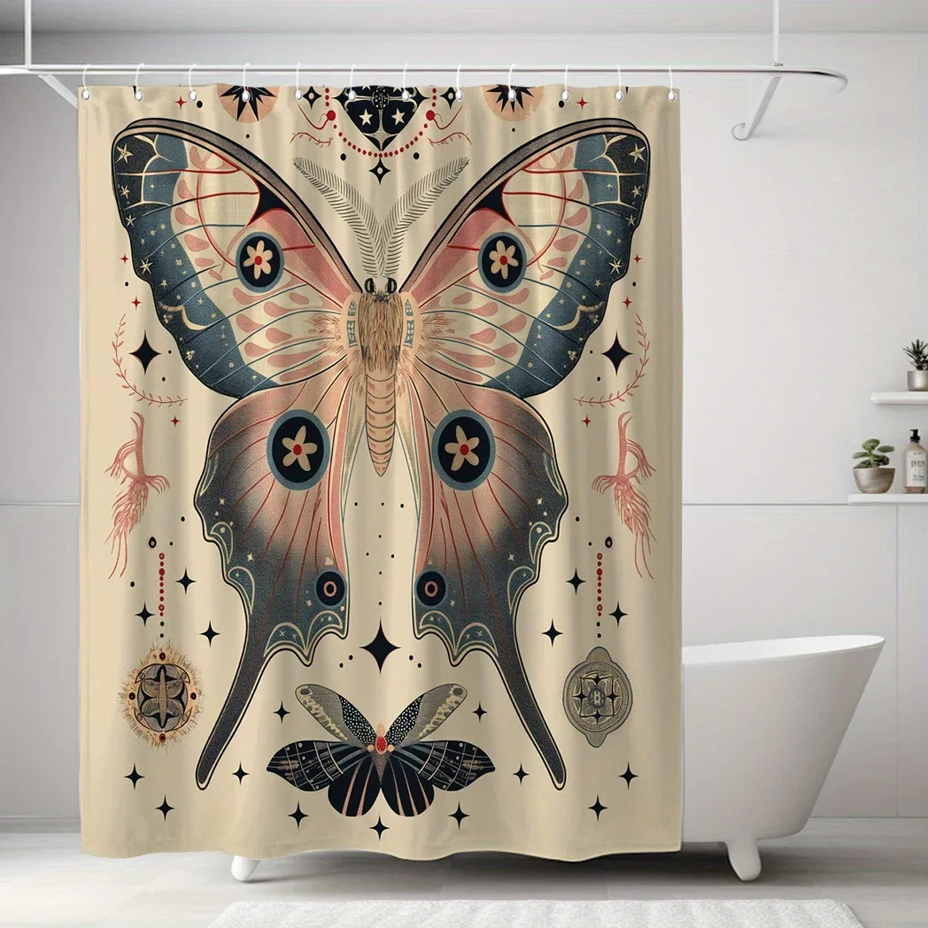 

«Водостойкая занавеска для душа с принтом бабочки» — полиэстер, 71x71", 12 крючков, можно стирать в машине, тематический декор животных