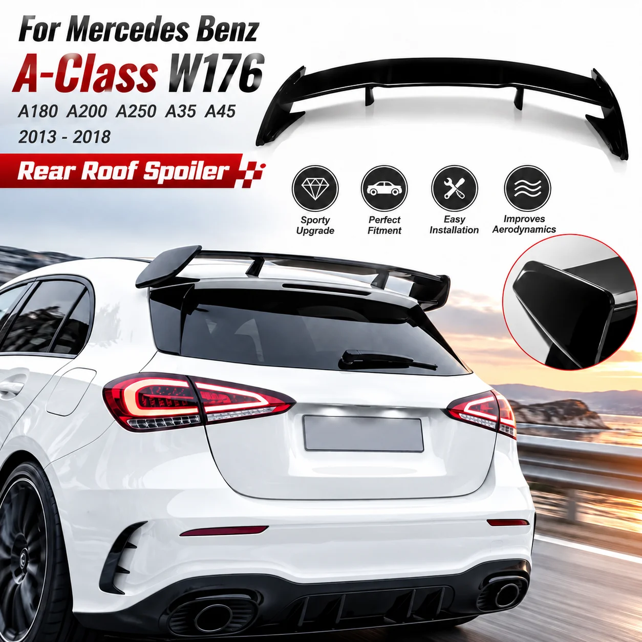 Heckspoiler A45-Stil für Mercedes Benz A-Klasse W176 2013-2018 Schrägheck A160 A180 A200 A250 A45 ABS Hochglanz Schwarz Kofferraumlippe