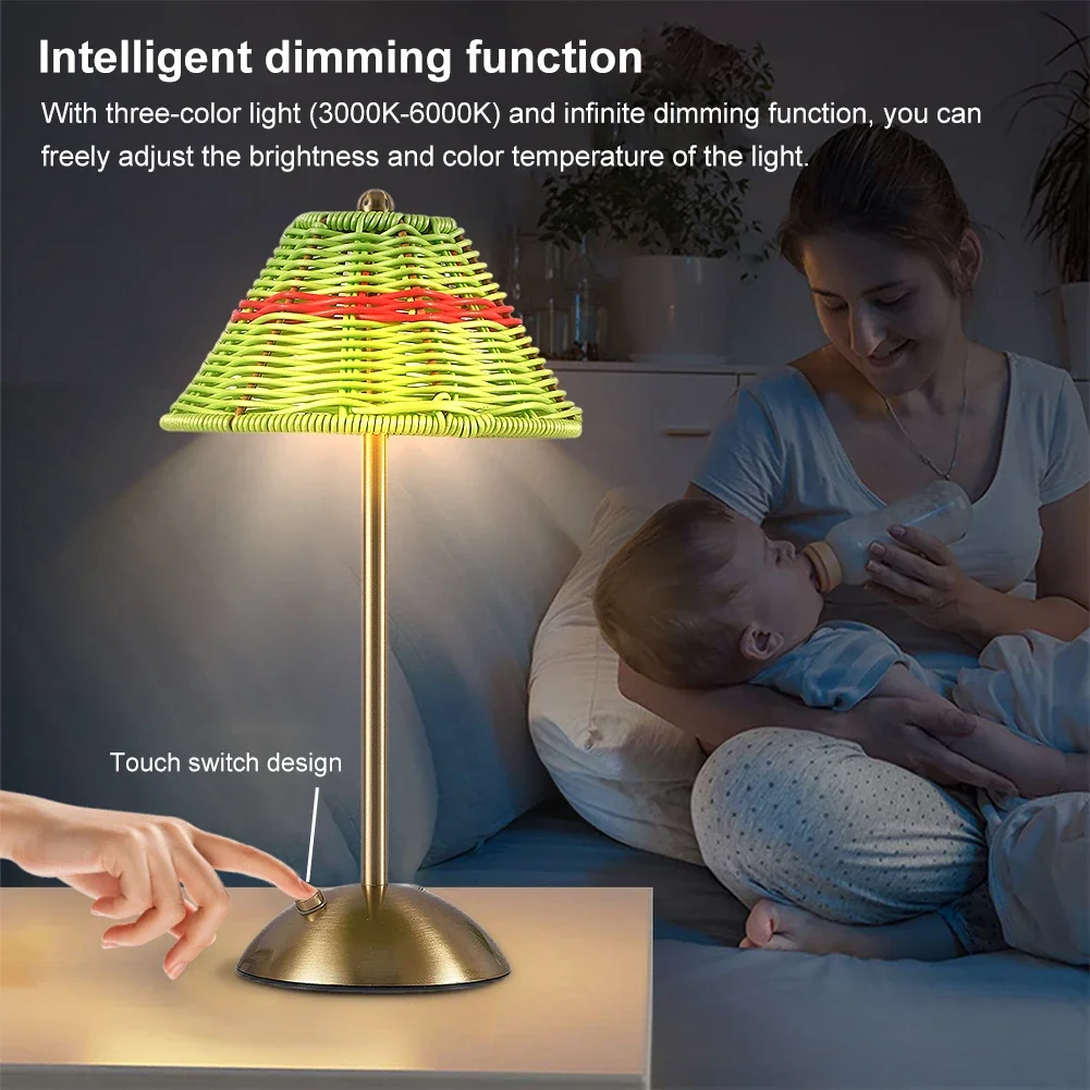 Cordless LED Table Lamp 3 Color Stepless Dimmable Bedside Night Lamp Rattan Table Lamp for Indoor/Outdoor Use Home Patio Bedroom