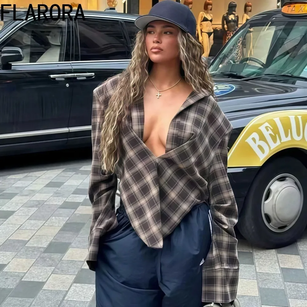 

FLARORA Retro Plaid Printing Irregular Shirts Woman Loose V-Neck Long Sleeve Blouse 2025 Autumn New Trend Lady Street Outwears