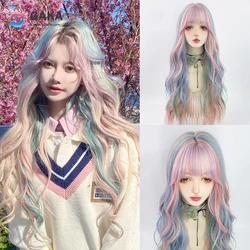 GAKA Synthetic Long Wavy Rainbow Wigs with Bangs Lolita Cosplay Women Natural Hair Heat Resistant Wig for Daily Party