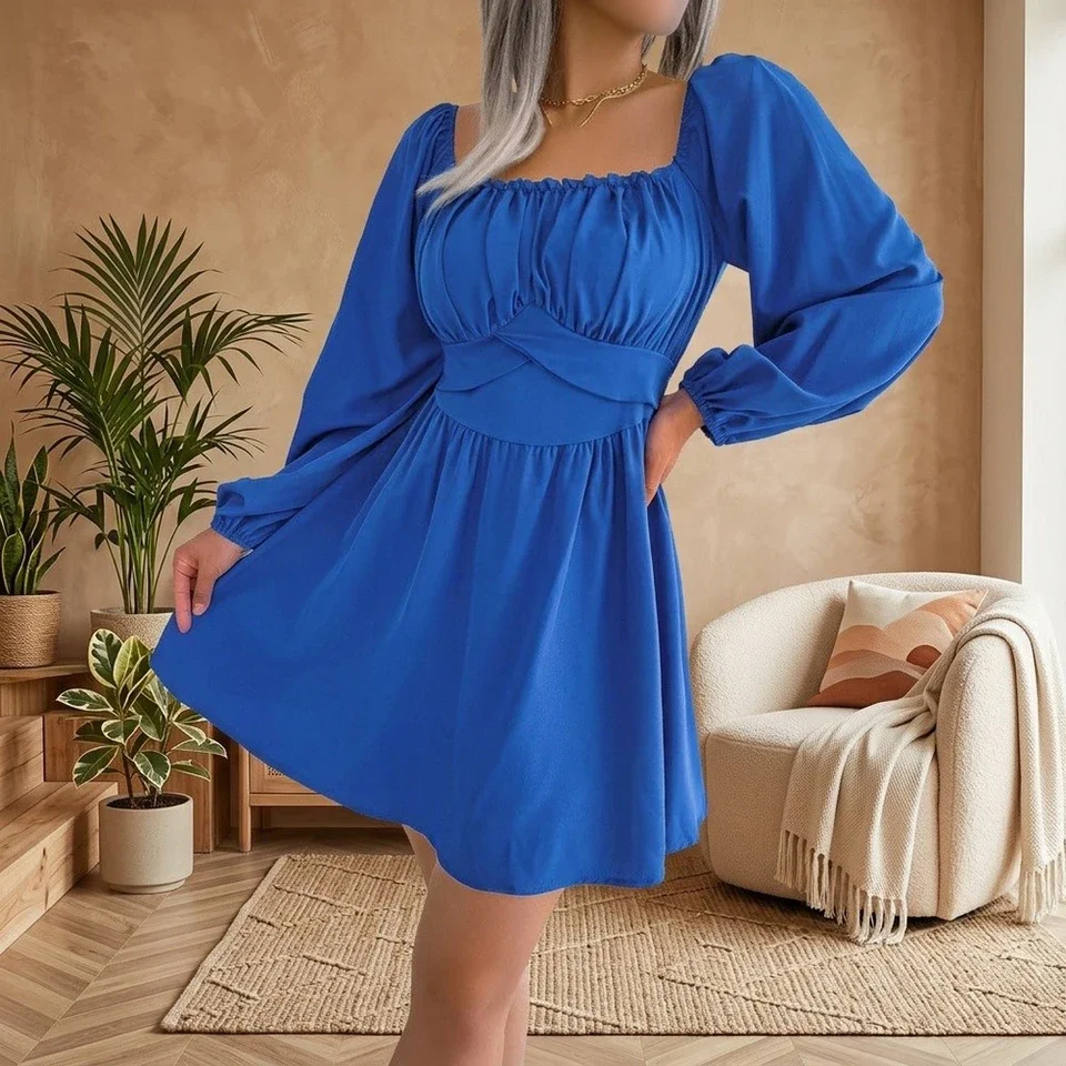 Solid Dress for Women Square Neck Puff Sleeve Ruched Waist For Cross Tie Back Polyester for Beach Holiday Cycling Use