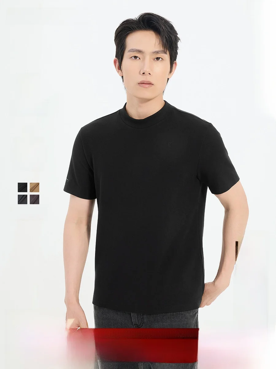 Double Heating Modal Short Sleeve T-Shirt Men's Half High Collar Winter New Style Casual Fashion Urban Daily Wear Top