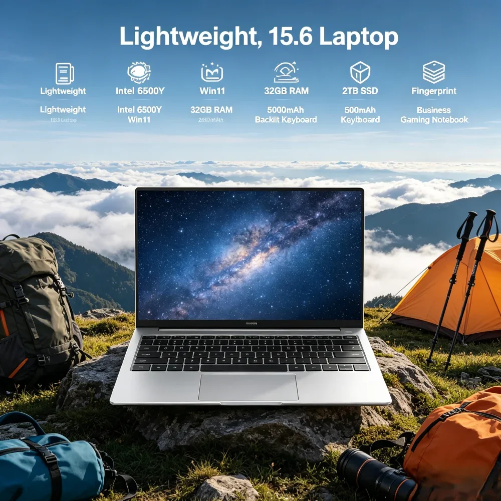 

Lightweight 15.6" Laptop Intel 6500Y Win11 32GB RAM 2TB SSD 5000mAh Battery Backlit Keyboard Fingerprint Business Gaming Noteboo