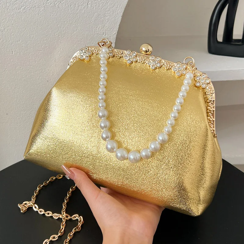 2024 Luxury Women Gold Green Pearl Chain Messenger Bags PU Leather Shoulder Bags Shell Designer Handbag And Purse Wedding Clutch