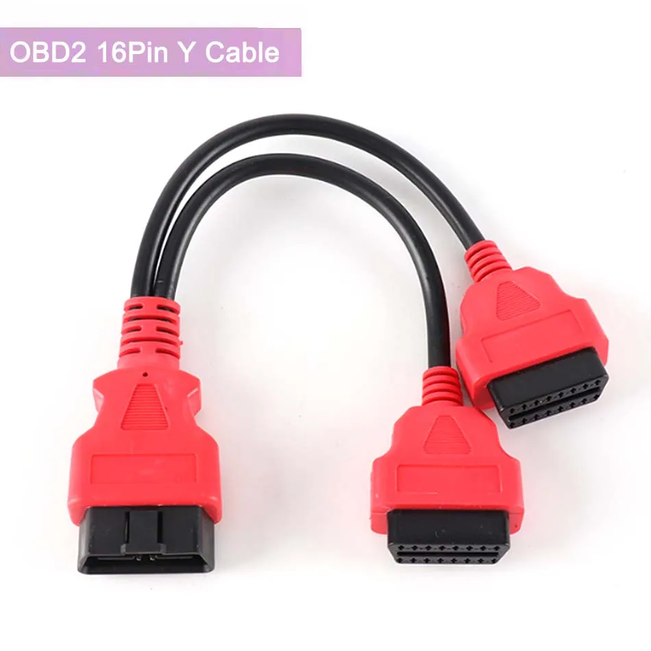 Red OBD2 Extension Line 16-core Round Wire Harness OBD 2 16 Pin ELM327 Male To Dual Female Y Splitter Extend Connector Cable