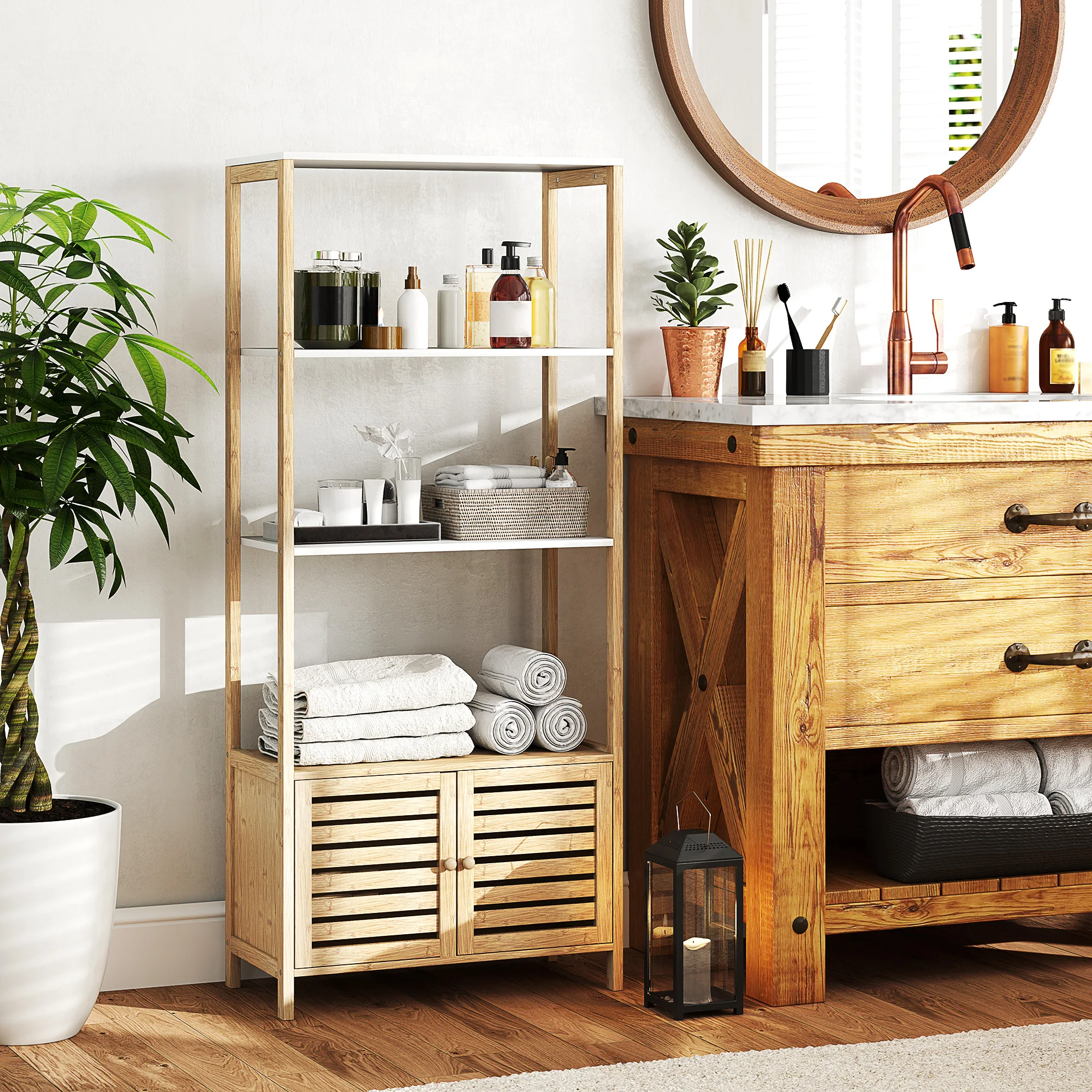 Mobile bagno HOMCOM con 3 ripiani, armadio alto in bambù con ante a doghe, base rialzata 63x30x138 cm, legno naturale e bianco