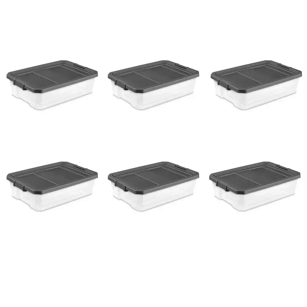 

40 Qt. Plastic Stacker Box Set of 6 Durable Clear Base Flat Gray Organize Linens Tools & Supplies Stackable Storage Solution BPA