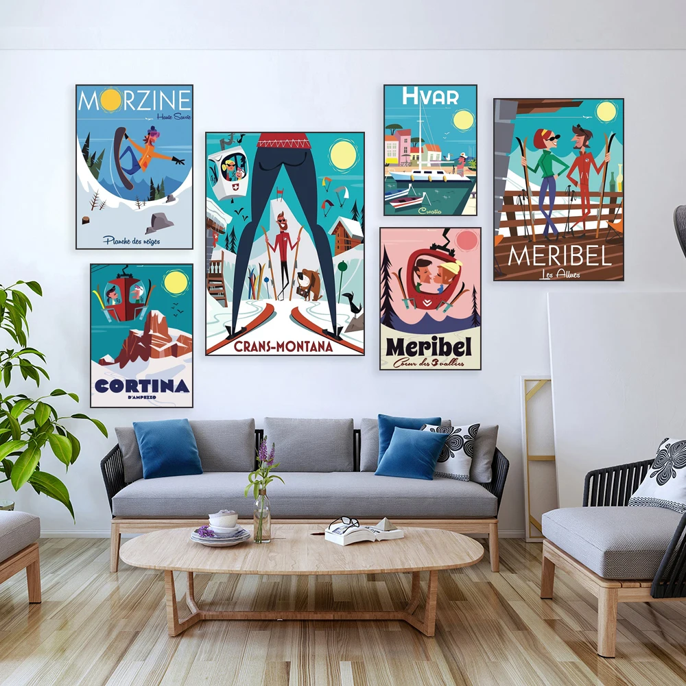 Mont Saint-Michel, Porto Cross, skiing Val d'isere, Méribel, Obergugel, Klein Montana, Morzinne skis, Méribel ski tourism poster