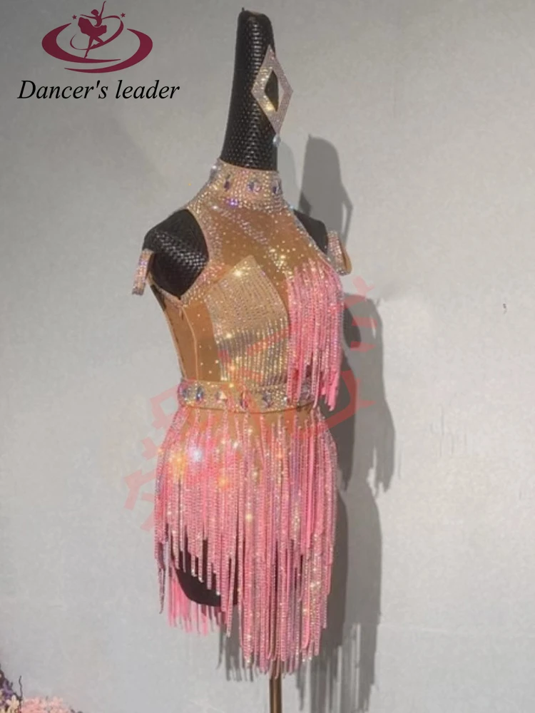 Latin Dance High-end Custom New Full Diamond High-end Competition Clothing Pink Cha Cha Tango Women Professional Dress