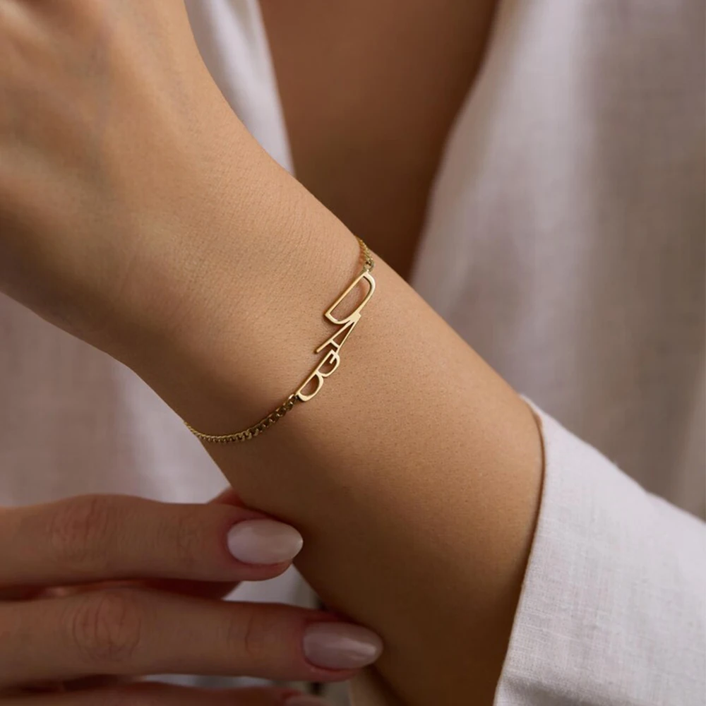 Custom Capital Name Bracelets For Women Stainless Steel Thick Cuban Chain Customized Bracelet Personalized Wrist Jewelry Gift
