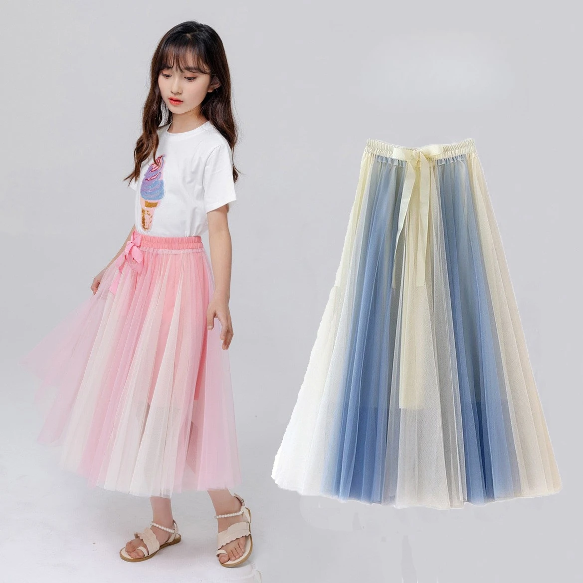 Girls Color Block Tulle Skirt Summer Bow High Waist Long A-Line Skirt Kids Flowy Fairy Pleated Bottoms Princess Summer Skirts