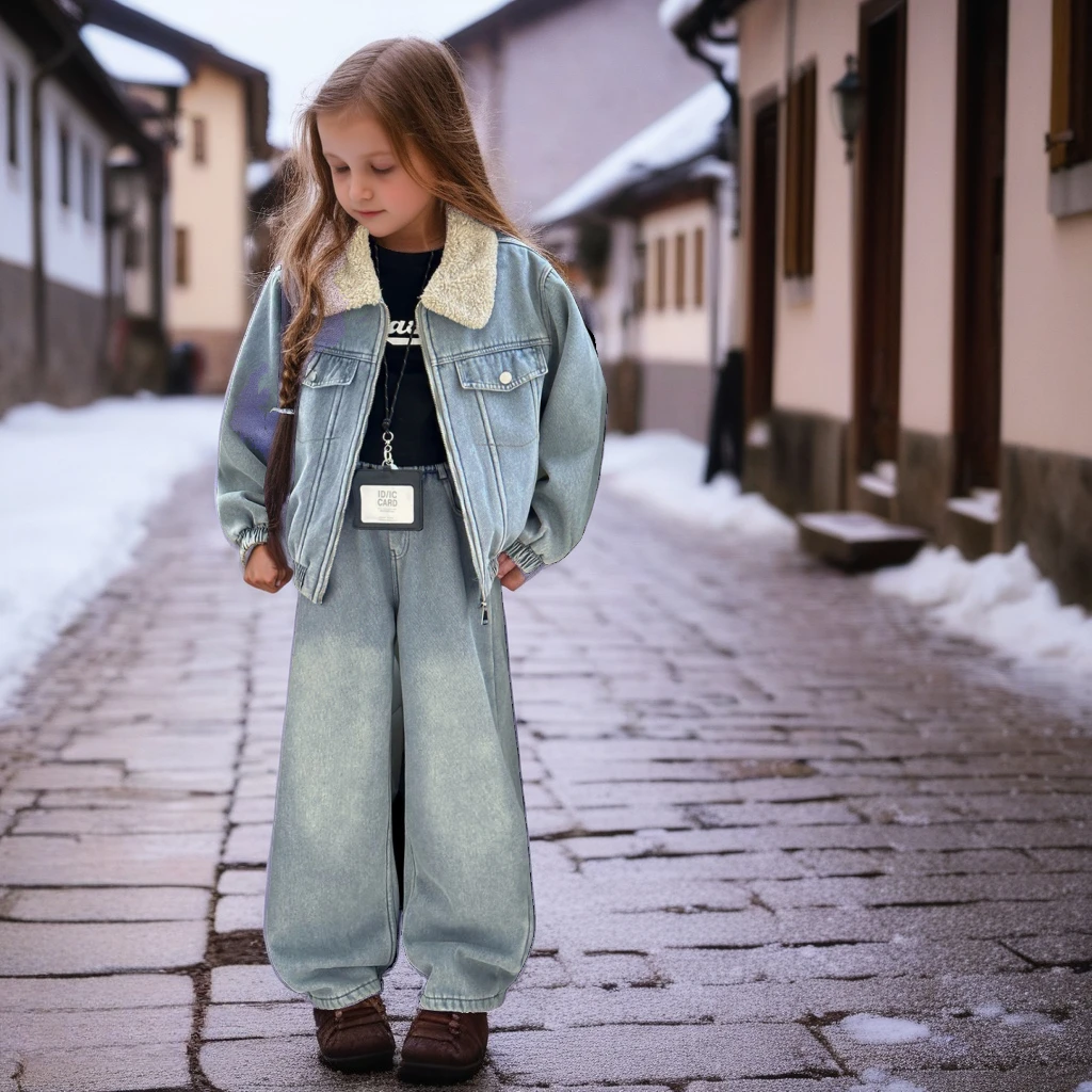 

Джинсовый комплект школьниц-подростков, зимняя модная короткая куртка с меховым воротником, широкие брюки, утепленная теплая детская одежда из 2 предметов для подростков