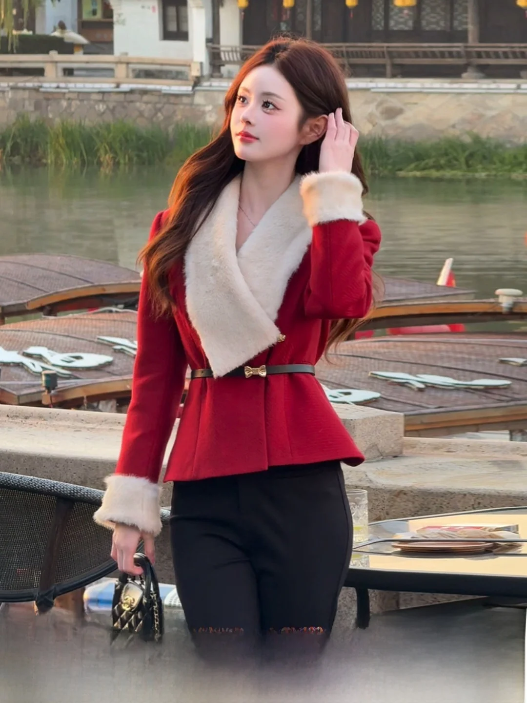 

Red Plaid down Jaet with Large Fur Collar for Women French Sle Loose Fit Warmth Guaranteed Long Sve Coat for Winter