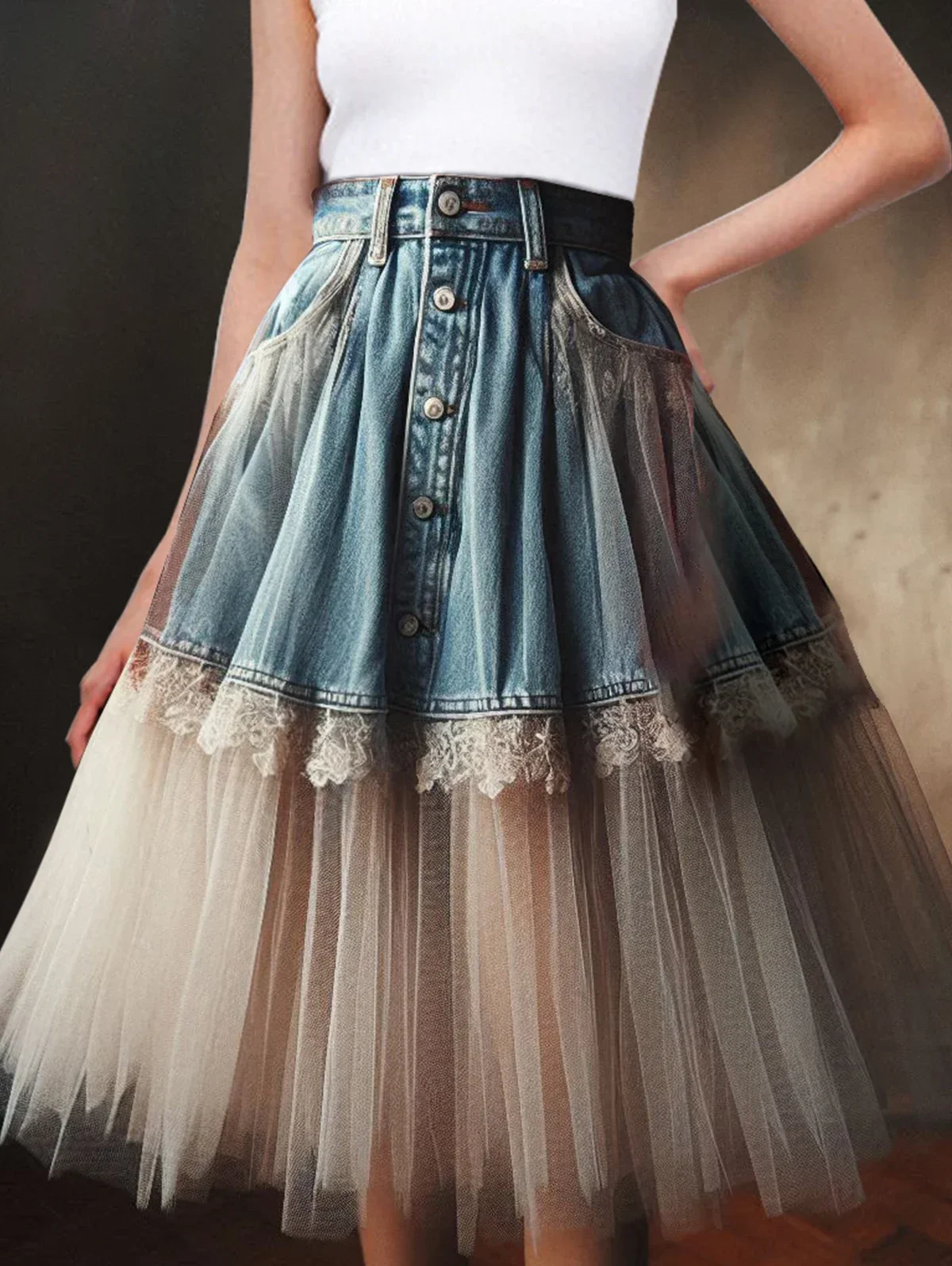 

Vintage Patchwork Lace Tulle Jean Skirt Women Korean Fashion High Waist Midi Denim Skirt Female Button Casual Elegant Y2k Skirt