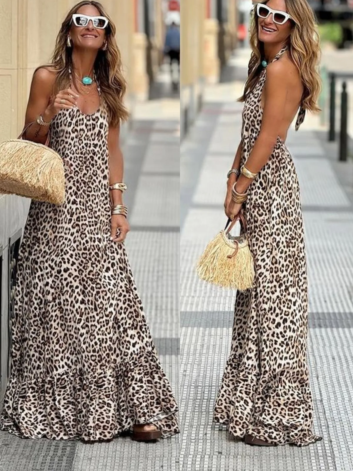 

SKMY 2025 New Fashion Y2k Clothes Women Leopard Printed Dress V-Neck Halter Lace-Up Backless Sexy Spaghetti Strap Long Dresses