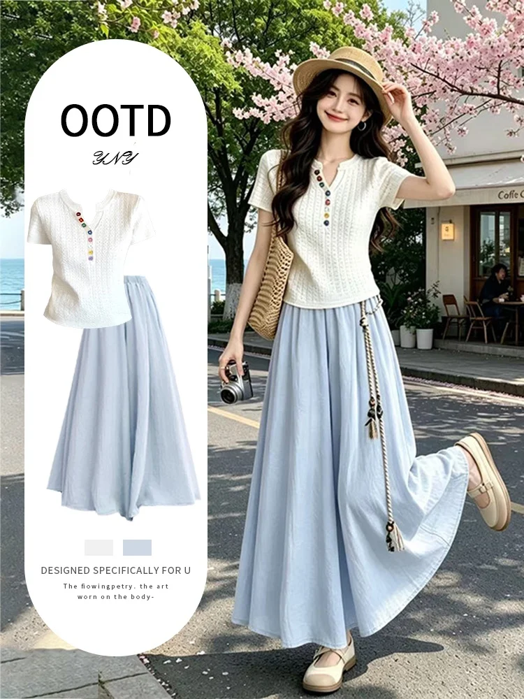 

Summer Bright Dopaamine Artistic Set Women's Korean Style Youthful V-neck Short Sleeve High Waist Casual Skirt Pants Two-piec...
