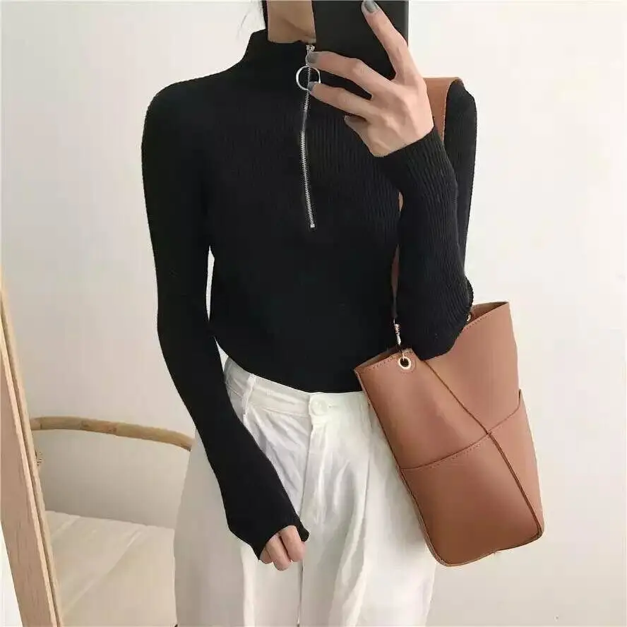Slim Fit High Collar Long Sleeve T-Shirt Women's Base Shirt Ring Zipper Fashionable New Arrival Spring Autumn Wear Korean Style