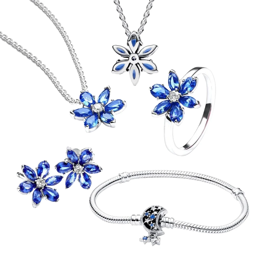 2024 New Sparkling Blue Herbarium Cluster Jewellery Set Series Charm Bead Fit Original Bracelet Necklace Diy Pendant Women Gift