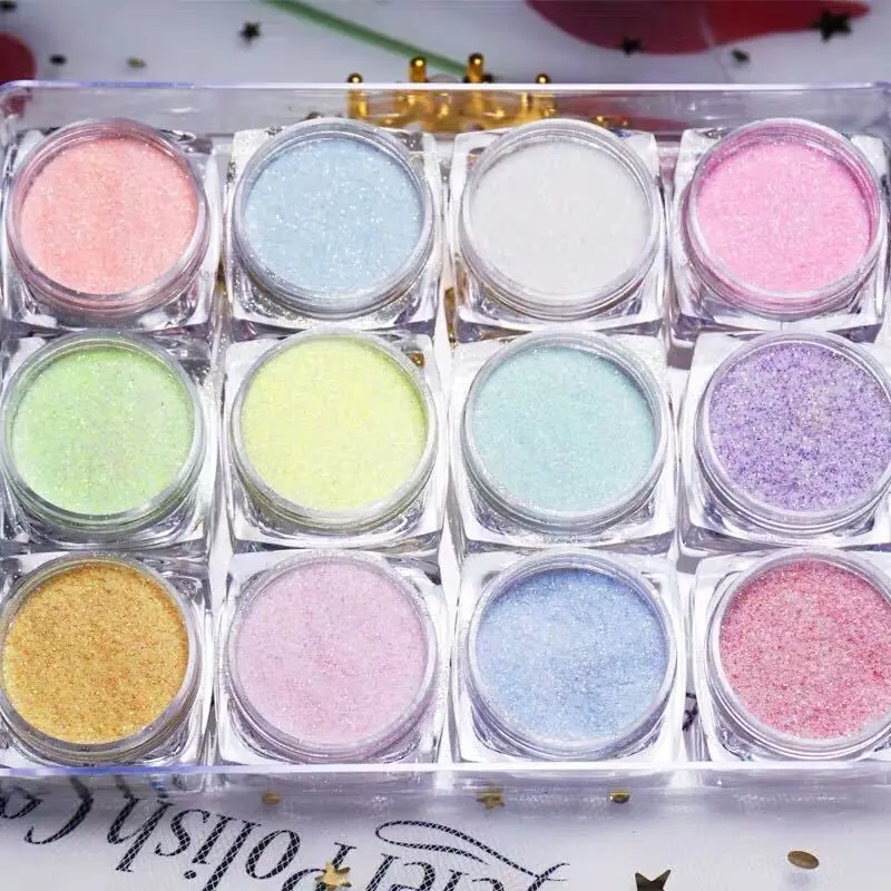 12 Colors/Set Shining Sugar Nail Glitter Candy Coat Powder Sand Sugar Nail Pigment Dust Nail Art Decorations DIY Tips Christmas