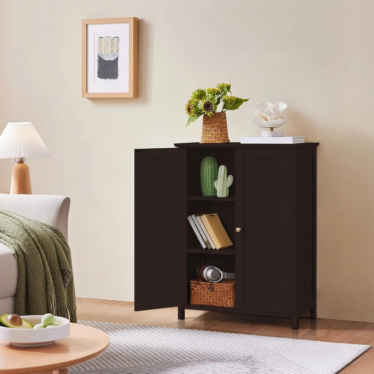 Small Bathroom Storage Cabinet Towel Organizer 2 Doors Wooden Floor Standing, Customized