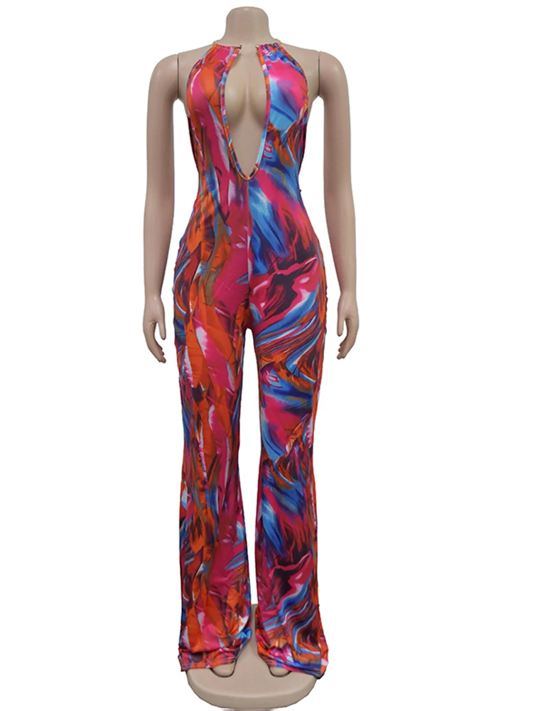 Beyprern Tropical Halter Neck O-Rings Metal Jumpsuits One Piece Outfits Beautiful Backless Printed Wide Leg Rompers Overalls