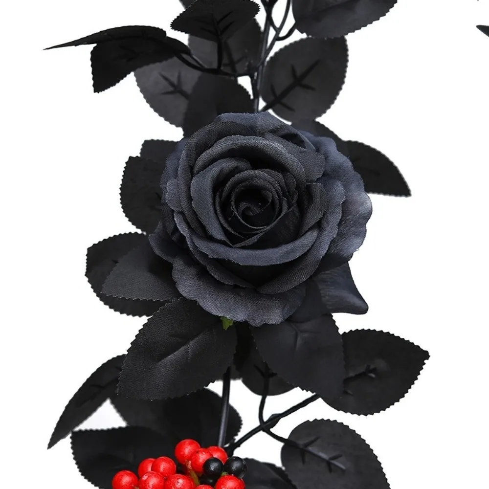 Black Halloween Rose Leaf Vines Simulated Flowers 175cm Artificial Rose Vines Realistic Handmade Halloween Garland