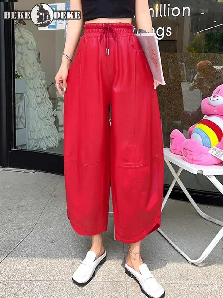 

Women Baggy Drop Crotch Harem Pants Elastic Waist Loose Fit Sheepskin Genuine Leather Cross Pants Casual Ankle Length Trousers