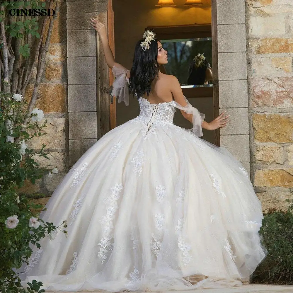 Elegant Off The Shoulder Ribbons Ball Gown Quinceanera Dresses Sweetheart Illusion Beading Appliques Corset Robe Princesse Femme