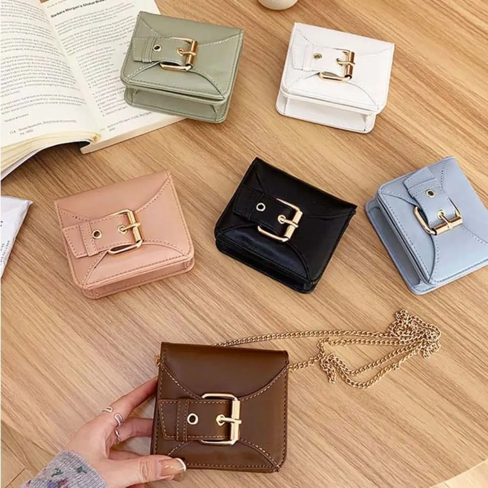 

with Mirror Waist Buckle Lipstick Bag Korean Style Mini PU Crossbody Bag Solid Color Minority Design Metal Chain Bag Women