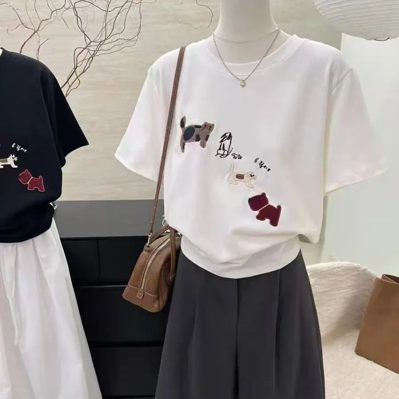 

Vintage Fashion Cartoon Embroidery Women's Pure Cotton O-neck T-Shirt Summer Basics Loose Short Sleeve Casual Tops