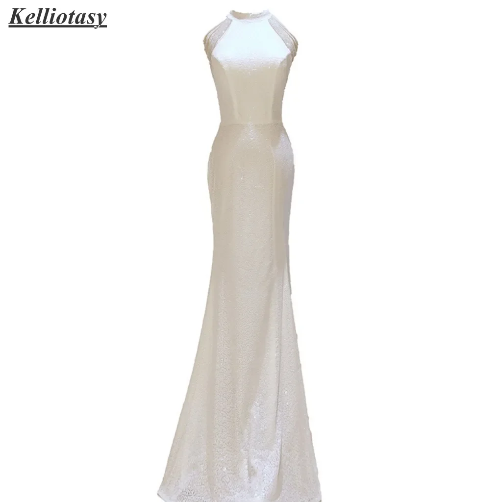 Mermaid Celebrity Dresses Women Luxury Sexy Halter White Sequined Celebrity Party Dress For Performance MBYD009