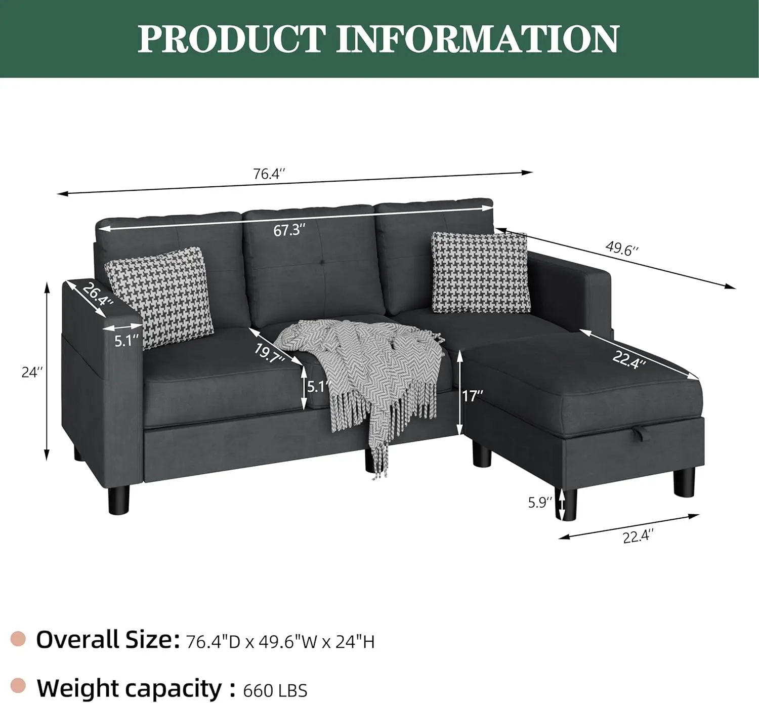 Jamfly Sectional Sofas Couches For Living Room, L Shaped Couch With Storage Convertible Sofa Set, Small Couches For Small