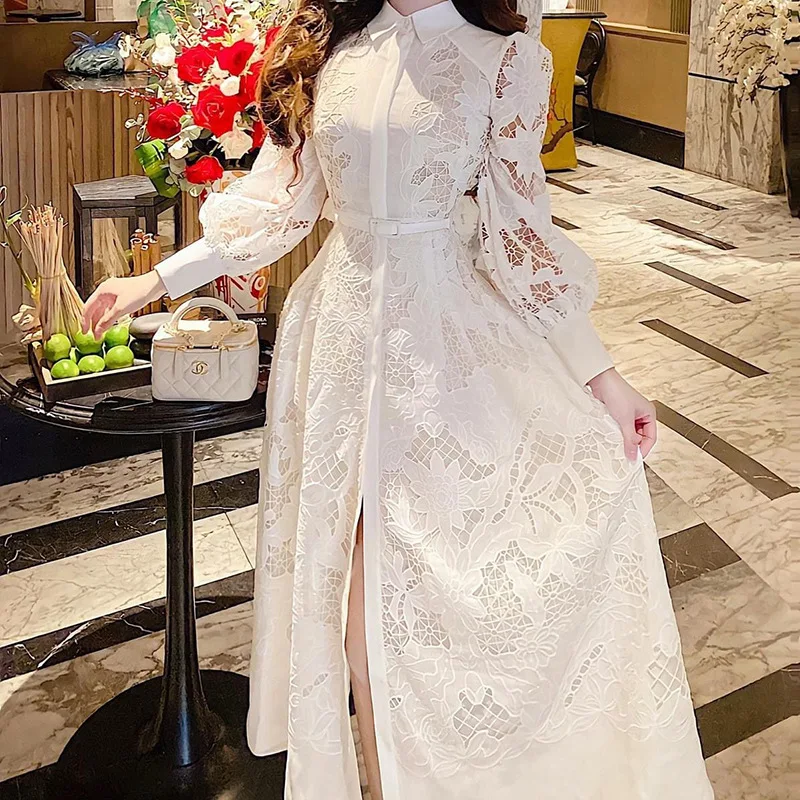 Lace Embroidery and Hollowed Out Design White Lantern Sleeve Dress Women\'s Spring/Summer Temperament Long Lapel Shirt Dresses