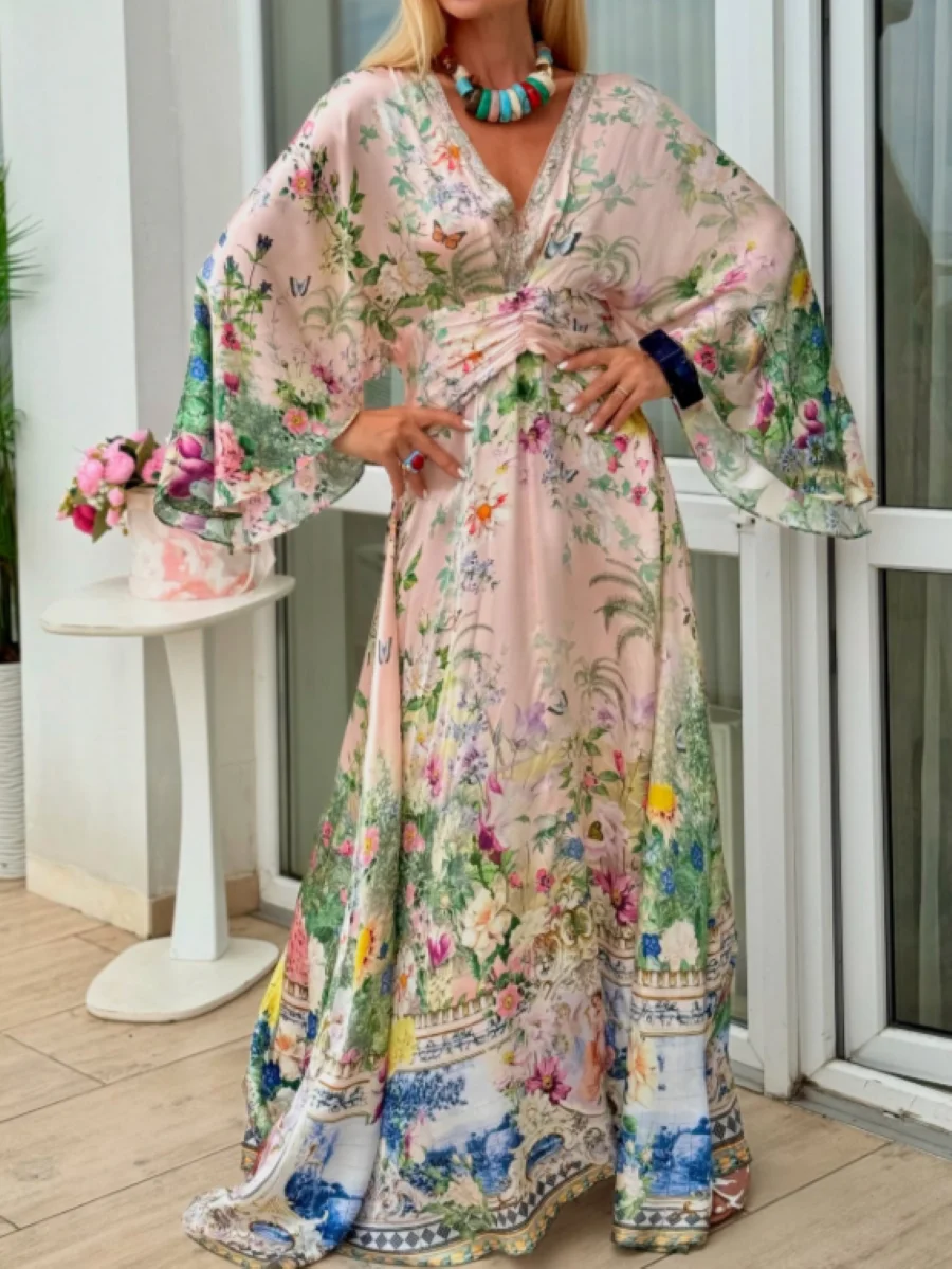 2025 New Women Pink Flower Print Maxi Dress High Waist Flare Sleeve V-Neck Holiday Ladies Silk Robe