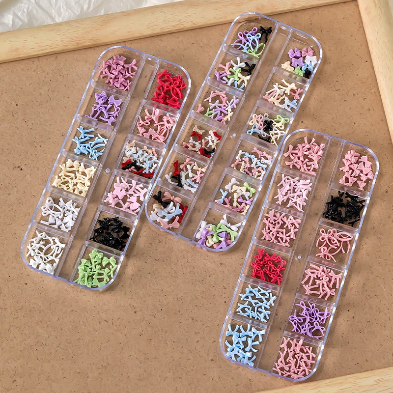 12 Grid Multiple Colors Bowknots Nail Art Charms Mini Adorable Line Bows Ties Resin Nail Decoration DIY Earring Nail Supplies