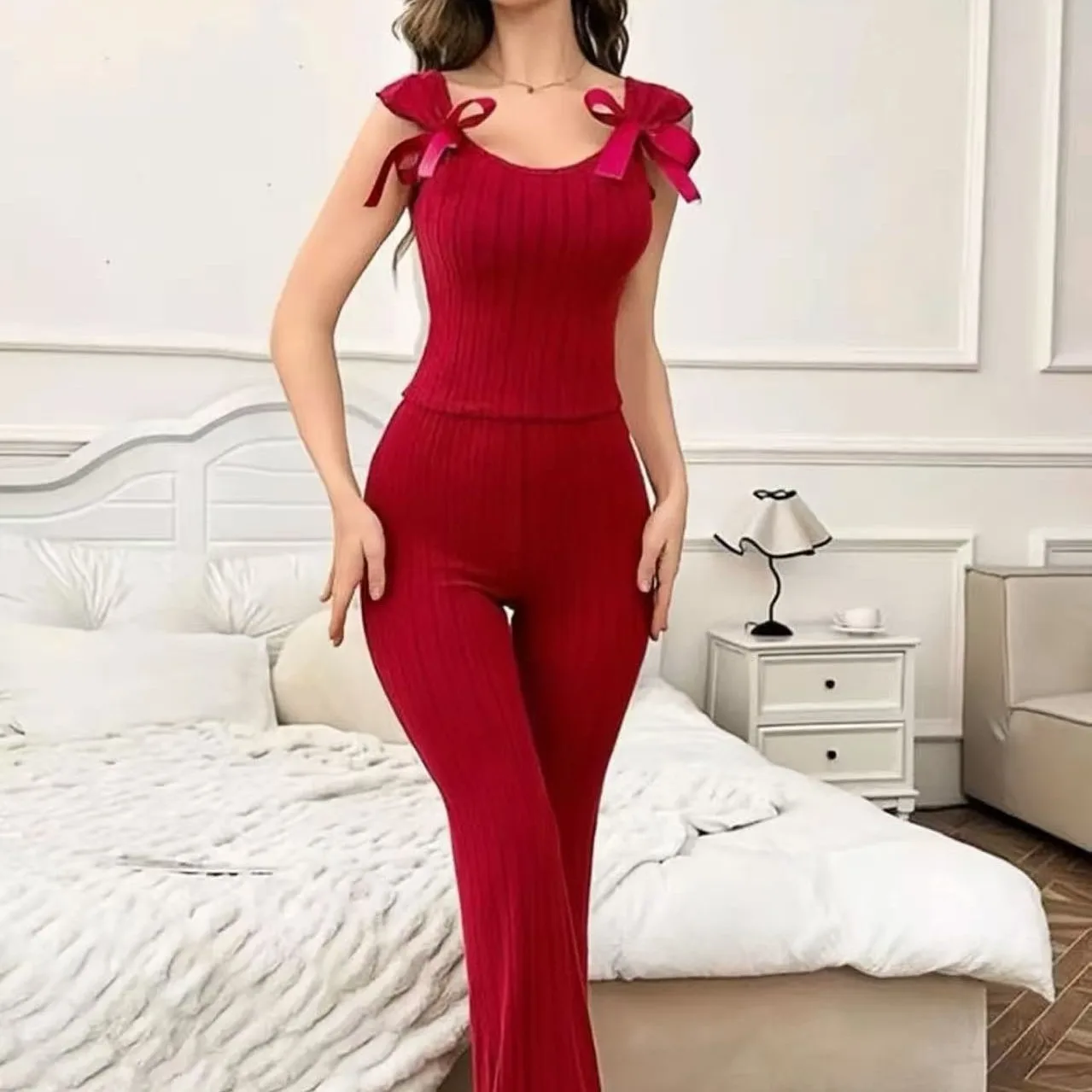 Sweet Lace Trim Sleepwear Set Women's Sleeveless Comfortable Home Clothes Long Pants Spring Summer High-End Feelings Casual