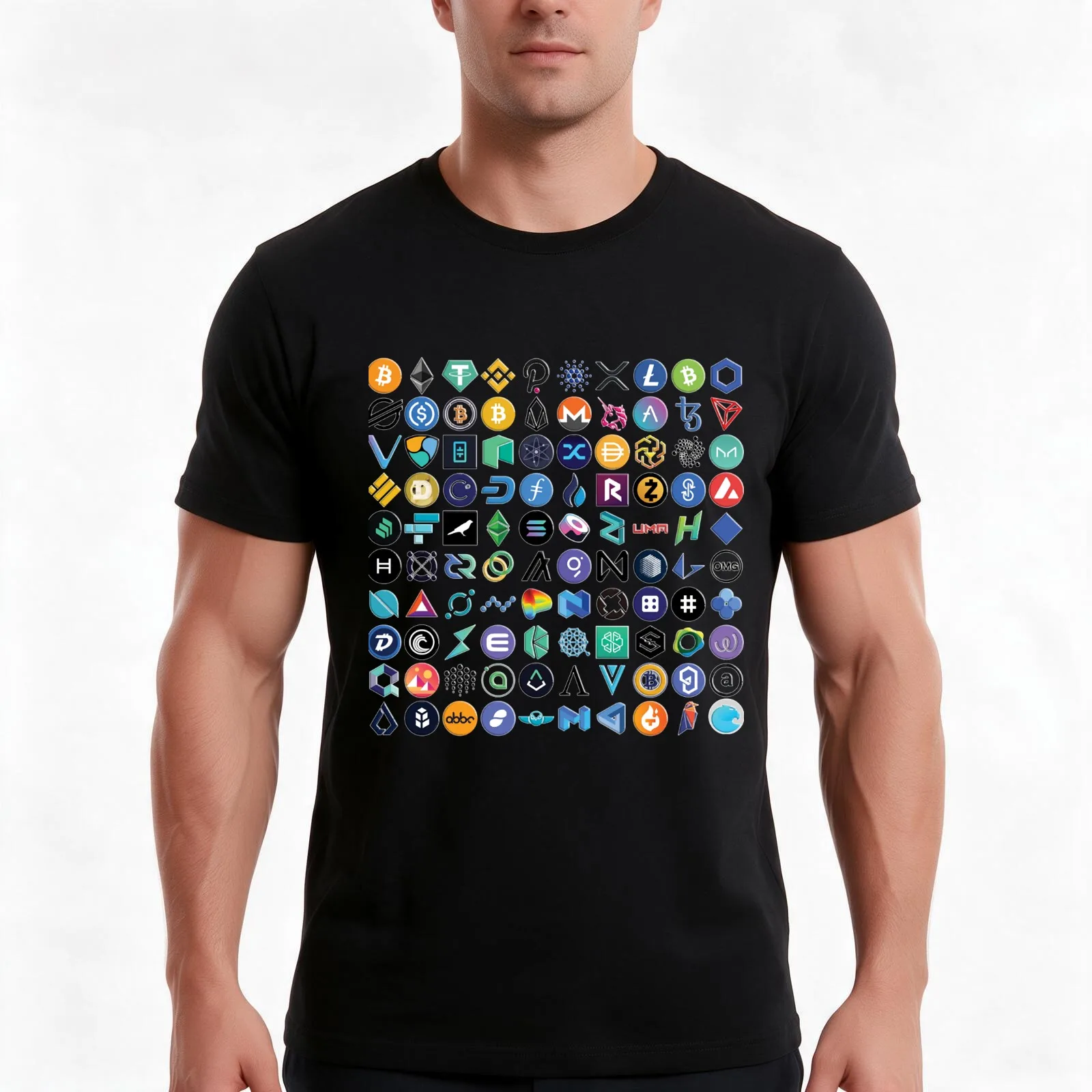 Crypto Logos 3D on Black T-Shirt, Summer Casual Cotton Tee, Oversized Streetwear Tops, Vintage Graphic Print, Unisex Men Women