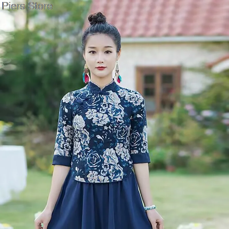

2025traditional chinese vintage o-neck shirt national flower embroidery t shirt oriental ethnic tang suit retro lace base shirt