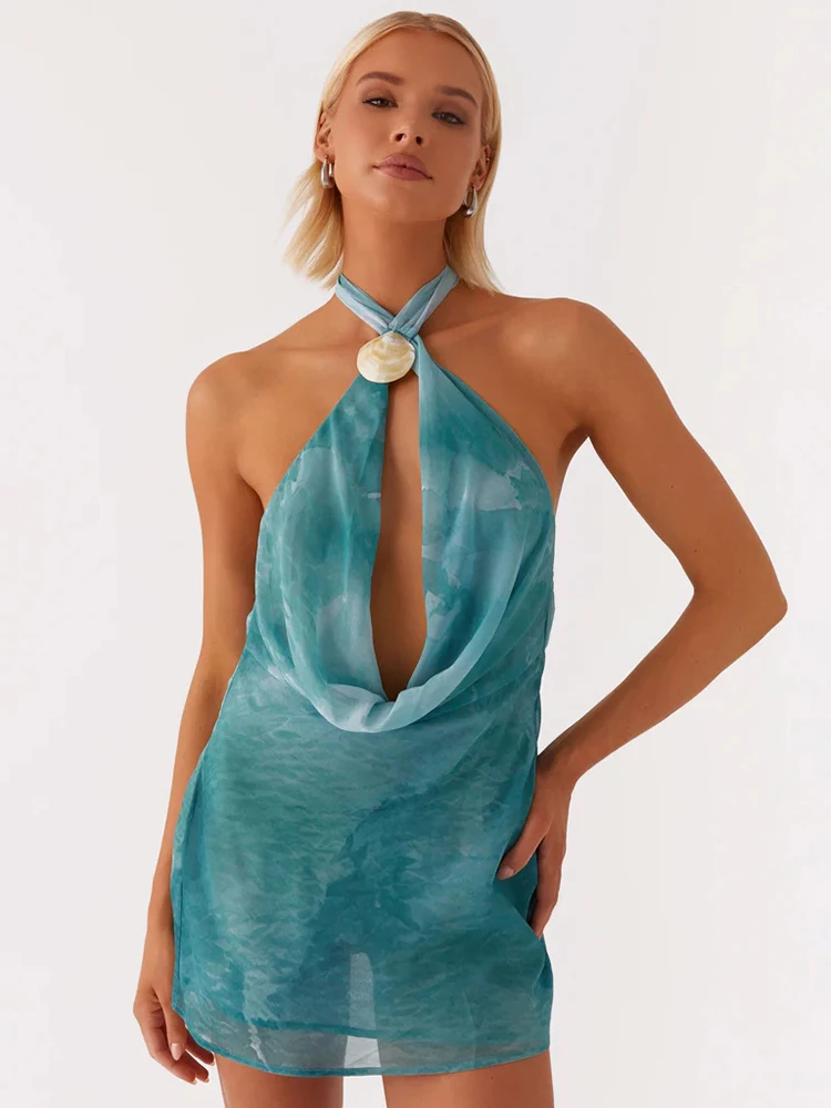 Tie Dye Halter Backless Sexy Mini Dress Women Robe Hollow Out Off-shoulder Sleeveless Beach Club Party Dress Elegant