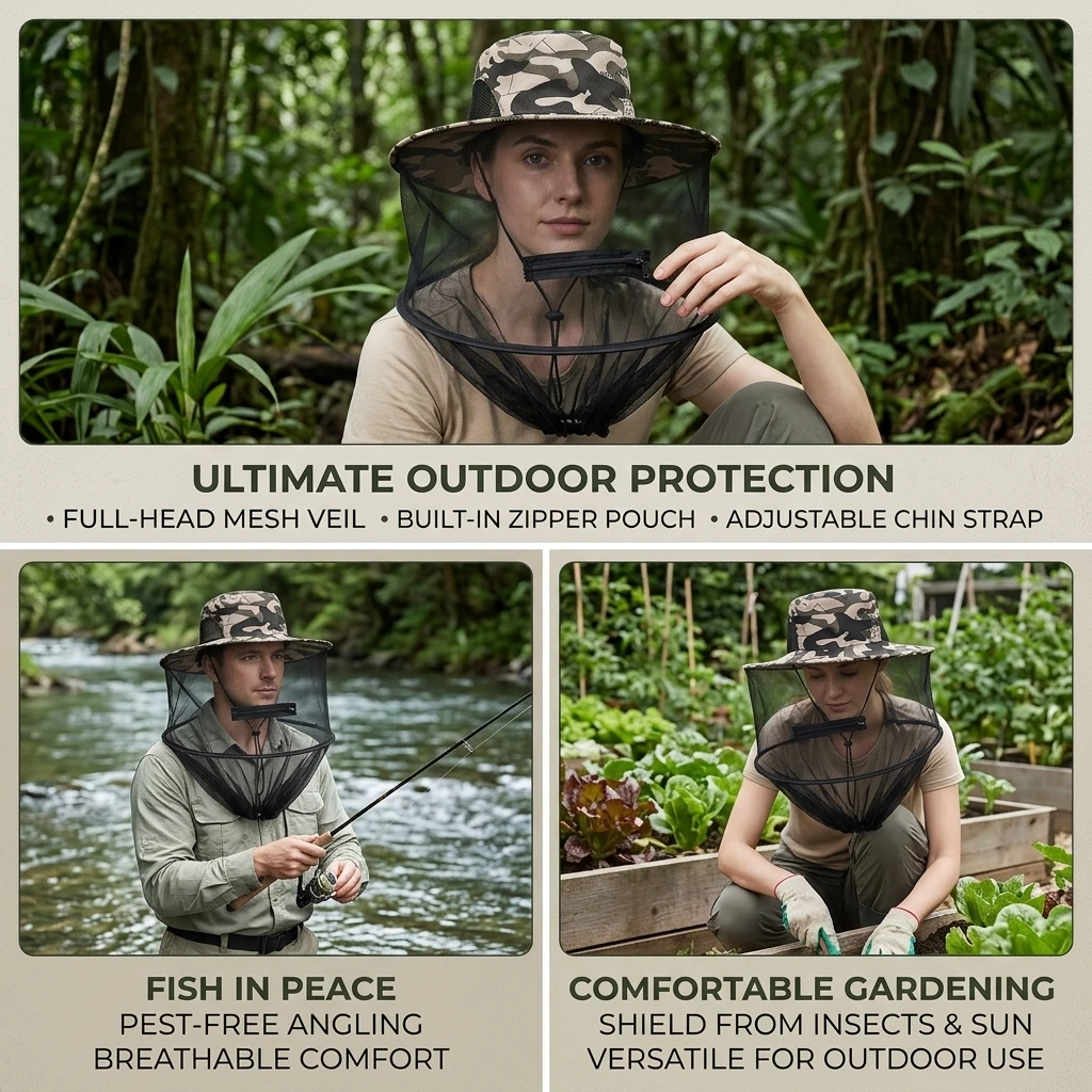 Anti-Mosquito Head Net Face Cover,Outdoor Sunscreen Fishing Cap,Breathable Foldable Beekeeping Protection Hat Fishing Accessorie