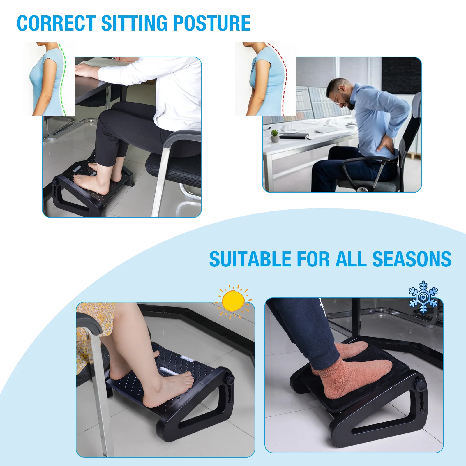 Adjustable Under Desk Footrest with Massage Surface Ergonomic 6 Height Position Foot Stool with Firm Non-Slip Legs Home Office