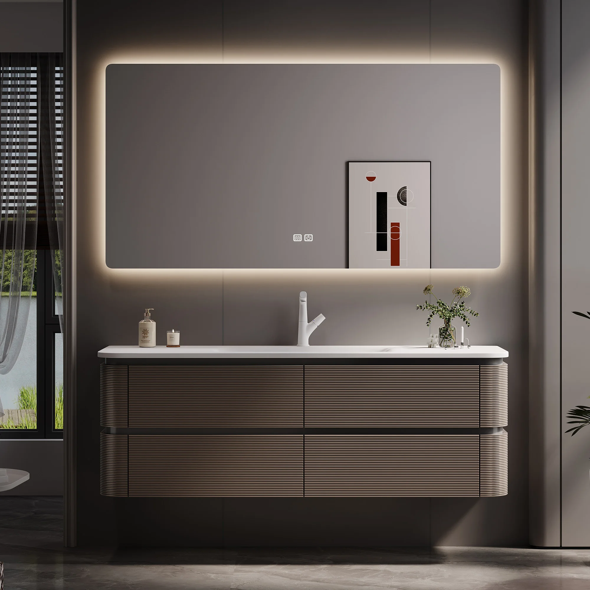 Modern Luxury Floating Bathroom Vanity Cabinet with Sintered Stone Integrated Basin Smart LED Mirror Solid Wood