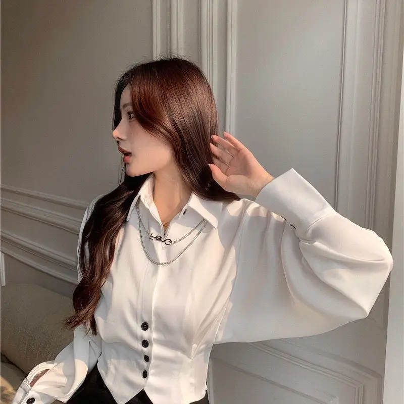 Vintage Elegant Button Solid Chiffon Shirt Spring Autumn 2024 New Polo-Neck Long Batwing Puff Sleeve Slim Blouse Women\'s Clothes