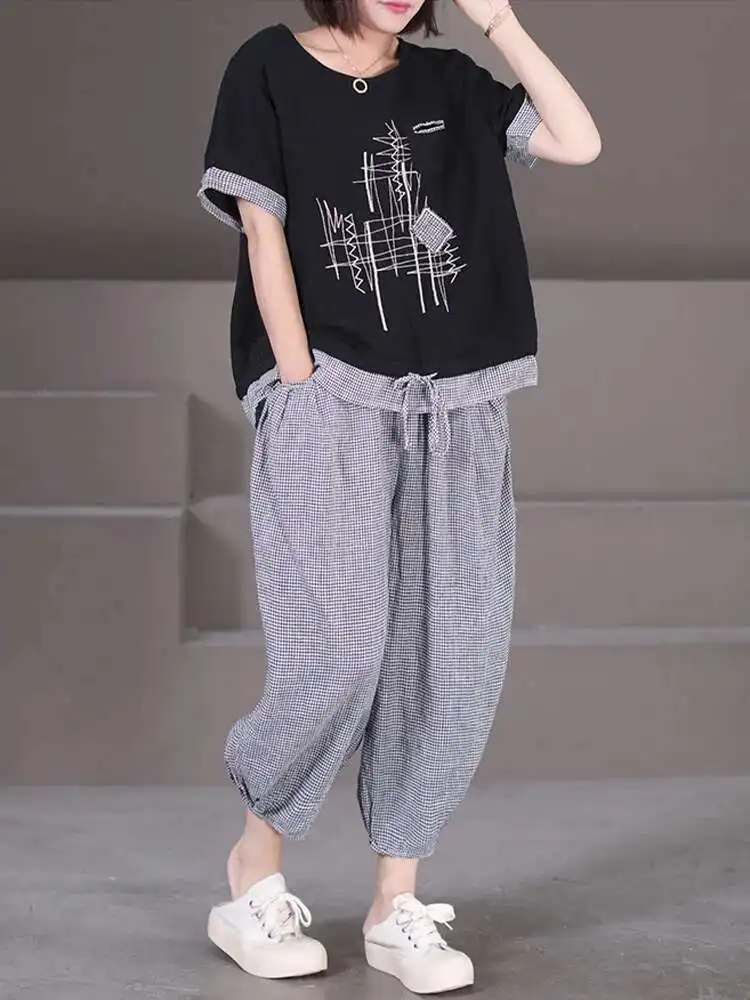 Amax LuluE Summer Linen Suits 2024 Womens Leisure Two Pieces Sets Loose Embroidery Tops Tees Big Size Plaid Pants Cotton Outfits