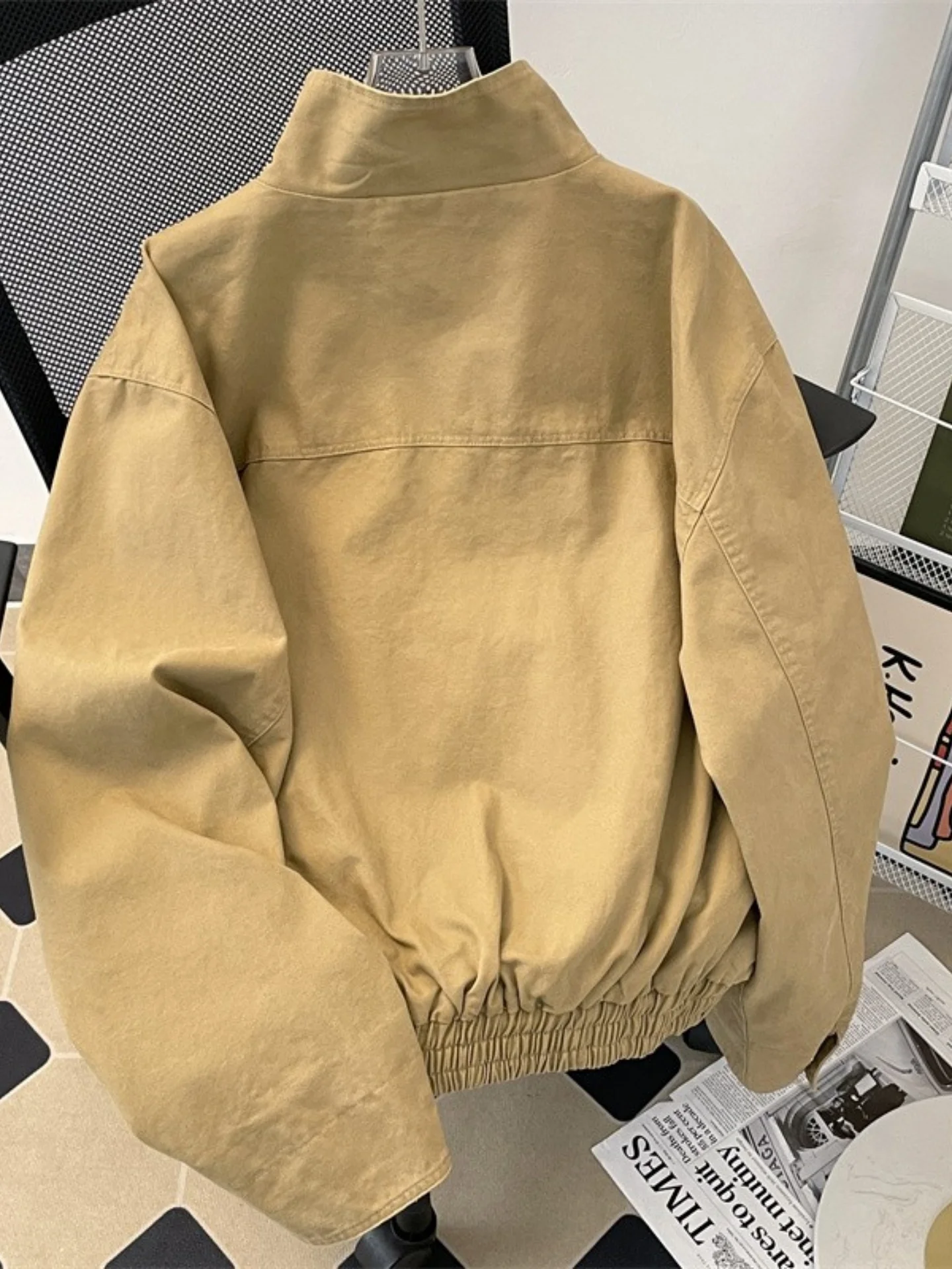 American Retro Khaki Workwear Jacket Men's Stand Collar Multi-Pocket Boxy Barn Loose Flight Coat Trendy Summer Youth Casual