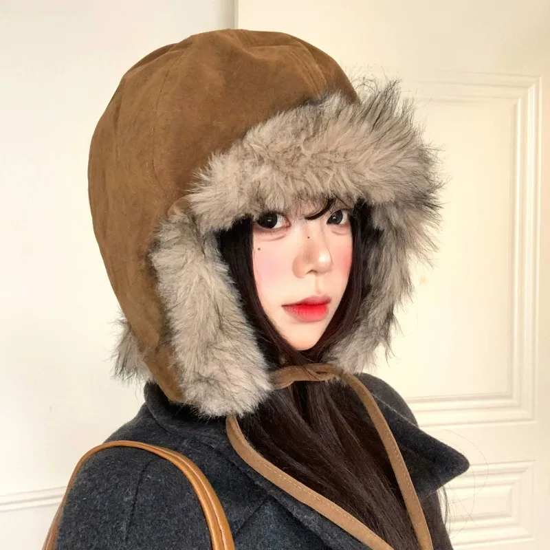 Women Retro Faux Suede Bomber Hats Fluffy Faux Fur Lining Ear Protection Hat Windproof Warm Winter Fashion Trapper Cap Men