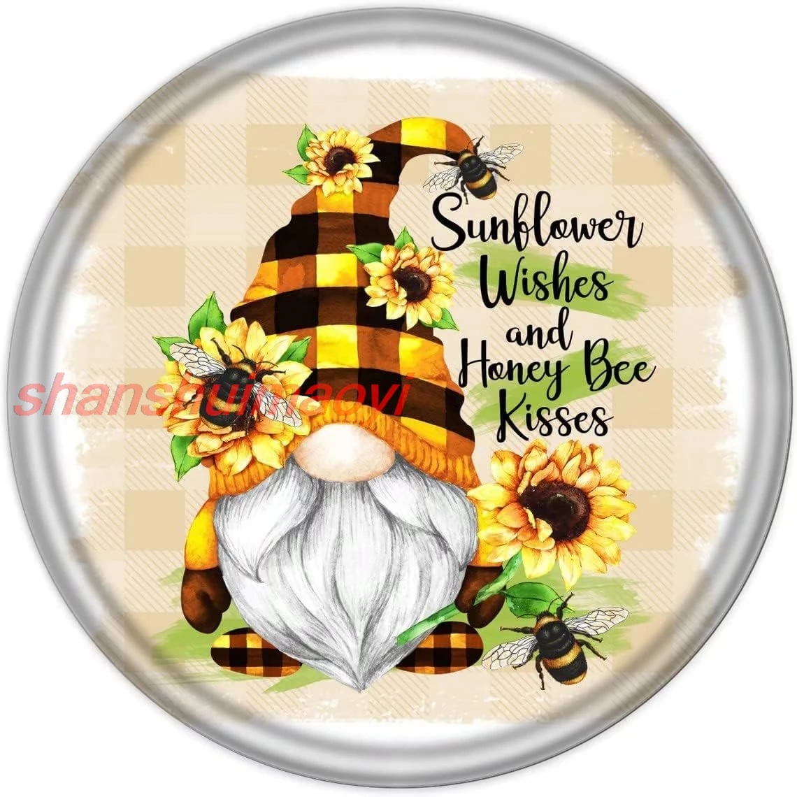 shan r Wishes and Honey Bee Kisses Gnome Vintage Style Round Metal Tin Sign Home,Living Room,Kitchen,Dining Room,Bedroom, 1pc