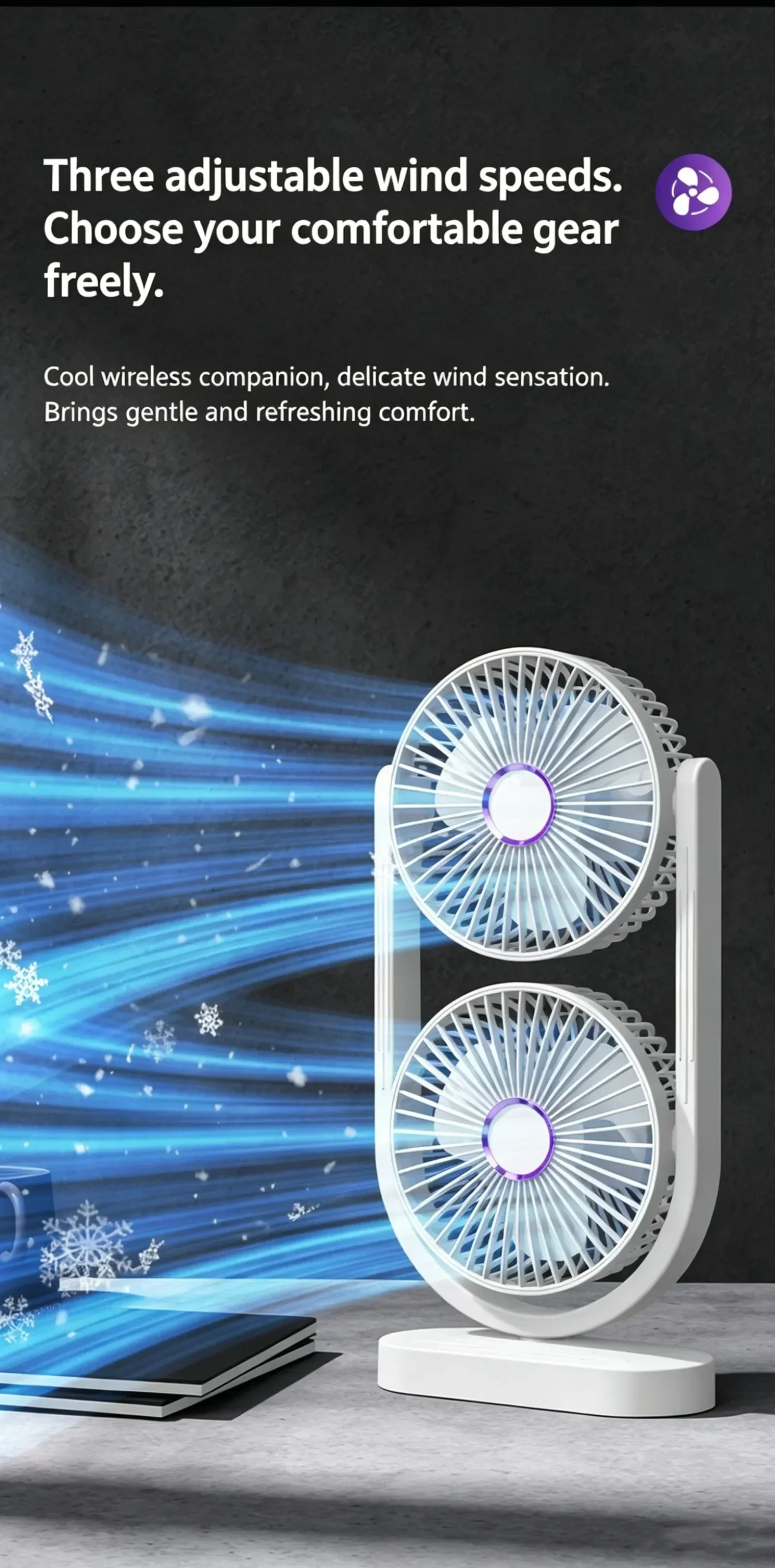 Dual-Head-Schreibtischventilator mit unabhängiger Steuerung, USB wiederaufladbar, 3 Geschwindigkeitsstufen, 360° verstellbar ° Geräuscharmer Twin-Turbo-Lüfter für Büro und Zuhause – Detail 2