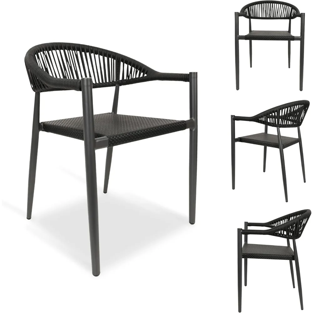 8 Pcs Stackable Dining Chairs, Aluminum Rattan Outdoor Dining Chair with Arms, Woven Rope Patio Armchair Metal No Assembly